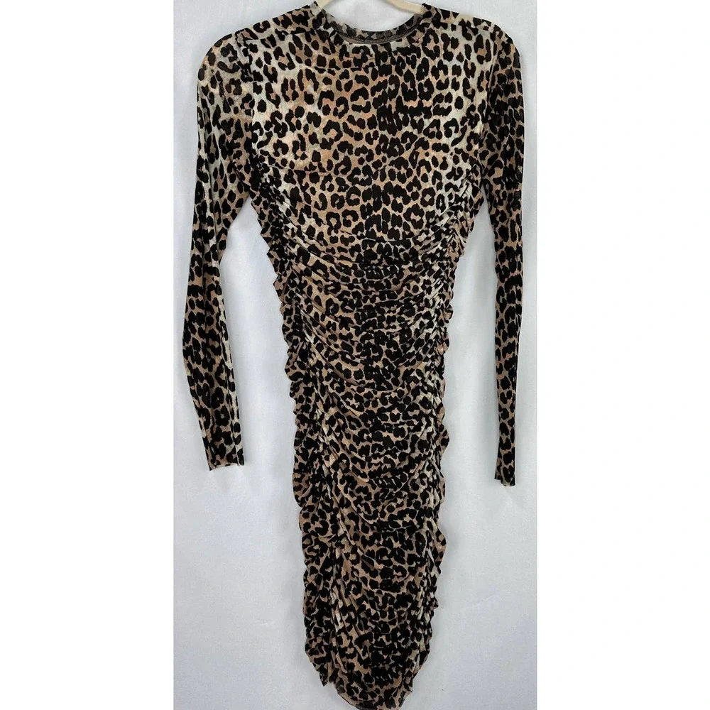 GANNI Midi Dress Ruched Leopard Print Stretch Mesh Long Sleeve size 36 / US 4 - Picture 7 of 8